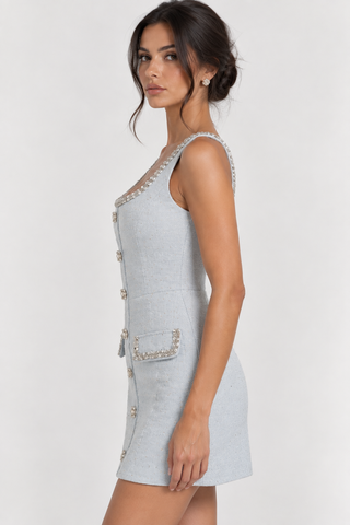 A woman modeling a light gray sleeveless mini dress with silver rhinestone trim along the neckline, buttons down the front, and decorative pockets, set against a plain light gray studio background.