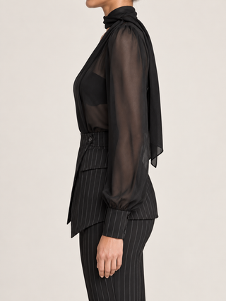 Lucía black pinstripe pants set with sheer scarf blouse front view