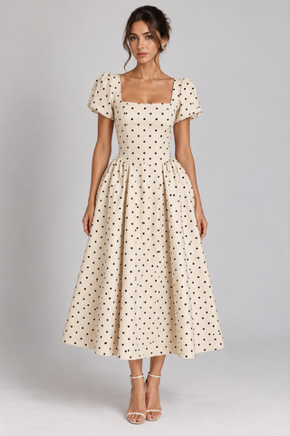 A woman modeling a cream-colored midi dress with a black polka dot pattern, featuring a square neckline, short puff sleeves, and a flared skirt, set against a plain light gray studio background.