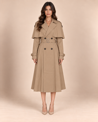 A woman modeling a mid-length beige trench coat with a belted waist and double-breasted front, standing against a plain beige studio backdrop.