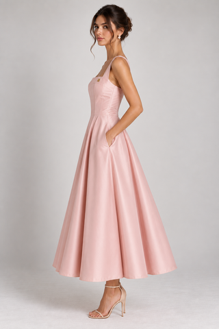 A woman modeling a sleeveless, floor-length blush pink satin gown with a structured bodice, side pockets, and a flared skirt against a light gray studio background.