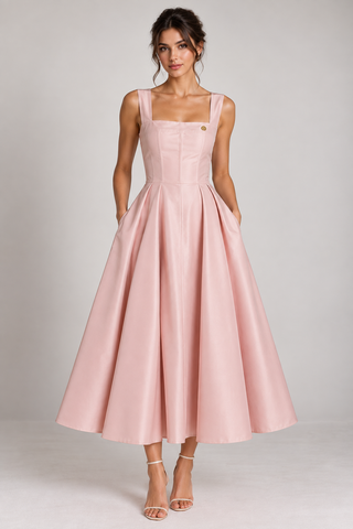A woman modeling a sleeveless dusty pink midi dress with a structured square neckline, fitted bodice, and a full flared skirt, standing against a light gray studio background.