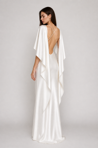 ivory satin bridal gown with cape backless minimalist wedding dress modern bride 