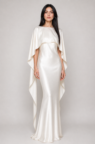 ivory satin bridal gown with cape backless minimalist wedding dress modern bride Cape Satin Silk White