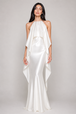 ivory satin bridal gown with cape backless minimalist wedding dress modern bride white 
