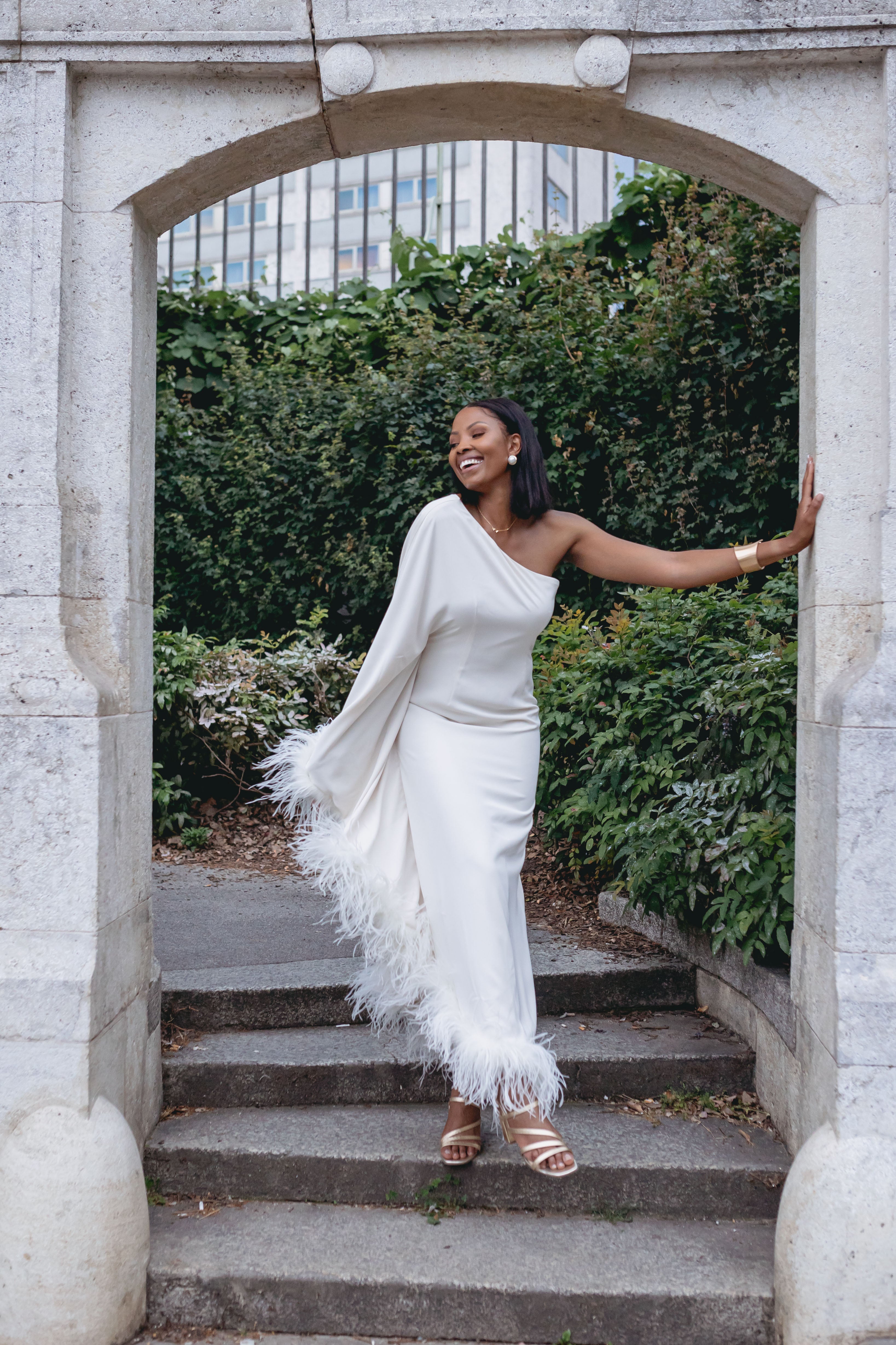 Angelina | One Shoulder Feather Trim Dress Angelina | One Shoulder Feather Trim Dress