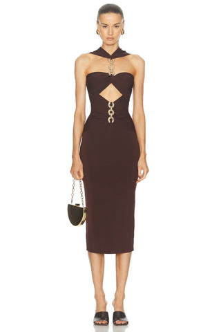 Black knit midi dress with gold chain details and cutout design, halter neckline, and scoop back.