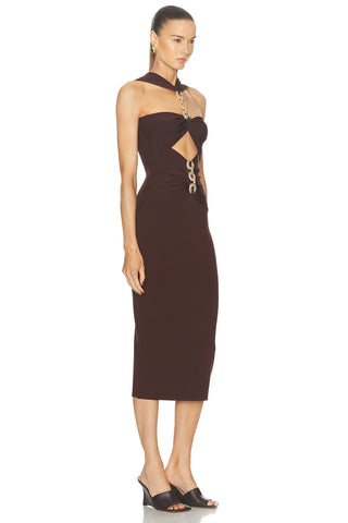 Black knit midi dress with gold chain details and cutout design, halter neckline, and scoop back.