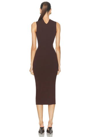 Black knit midi dress with gold chain details and cutout design, halter neckline, and scoop back.