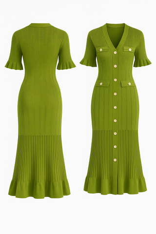 Green dress with short sleeves and button details on a white background