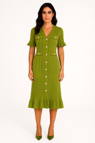 Woman wearing a green dress with buttons on a white background