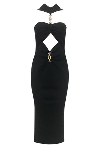 Black knit midi dress with gold chain details and cutout design, halter neckline, and scoop back.