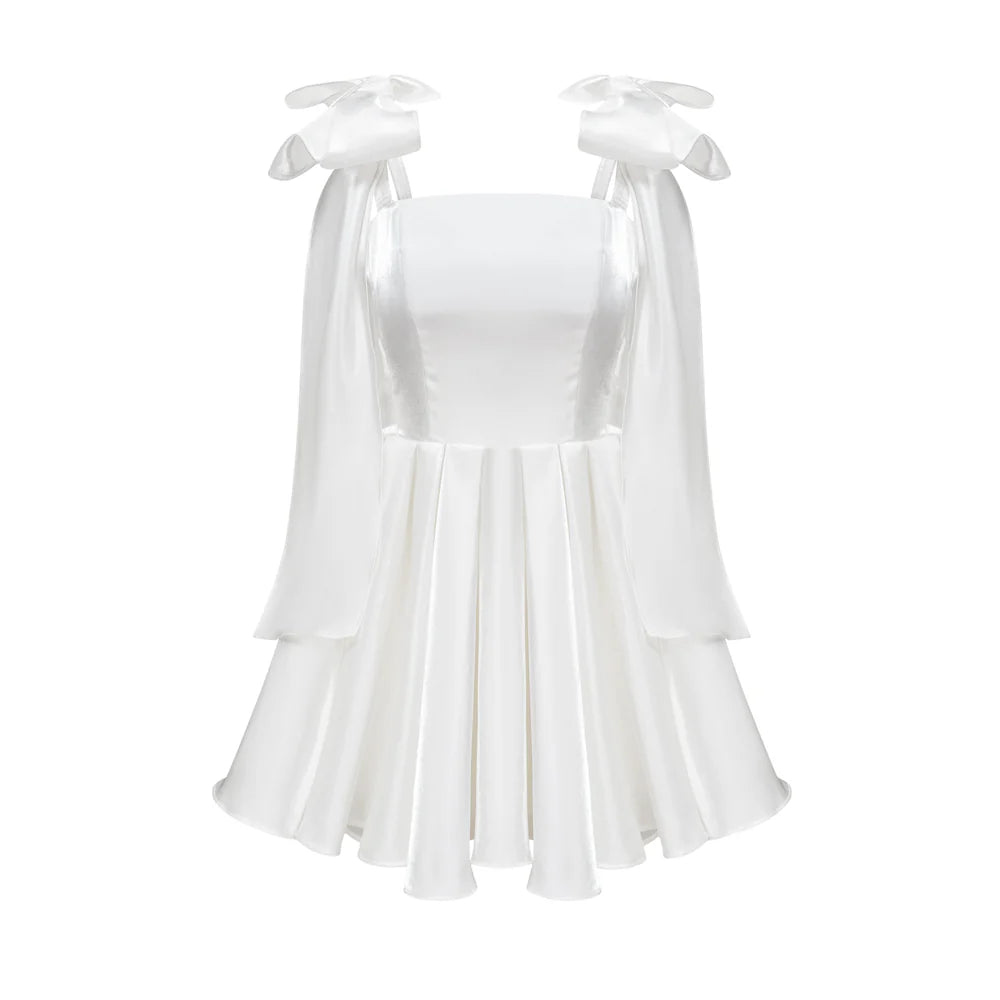 short white dress with bow Love Letters Sequin Mini Conversations will be abuzz when the Lulus Soiree Hour White Satin Strapless Bow Mini Dress makes an entrance Laura | White Mini Bow