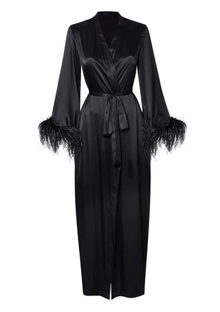 Silk Feather Trim Robe Maxi - Loungewear Cielie