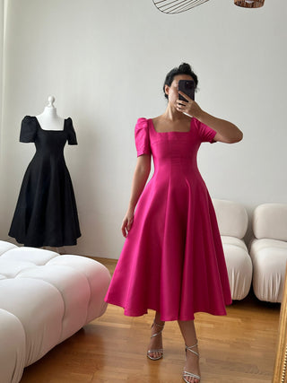 BallGown Elegant Midi Pink Cocktaildress Vintage inspired pink cocktail dress, elegant midi A-line flared gown by Cielie, perfect for bridesmaids, formal events, or chic parties. Designed in Vienna, available for purchase or rental.