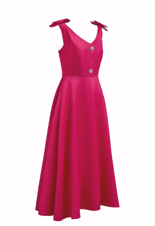 Elegant pink midi cocktail dress with bows, crystal buttons, and side pockets. Available in black, white, blush, and rose. Perfect A-line evening dress, old money style cocktail dress for weddings, parties, or formal events