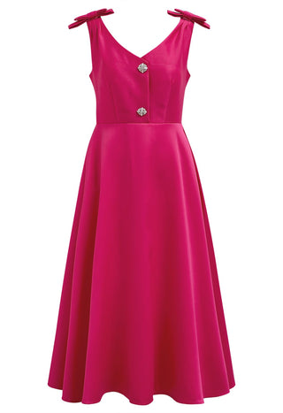 Elegant pink midi cocktail dress with bows, crystal buttons, and side pockets. Available in black, white, blush, and rose. Perfect A-line evening dress, old money style cocktail dress for weddings, parties, or formal events.