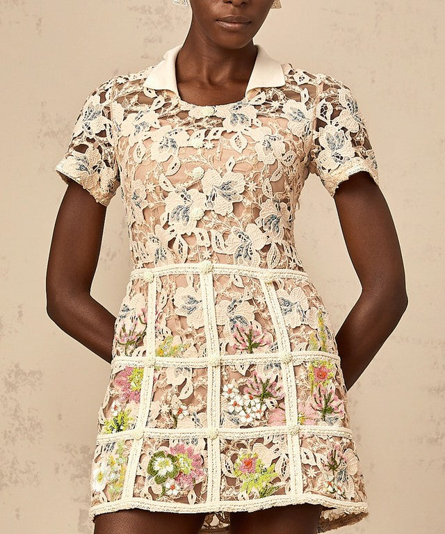 Maribel | Elegant Pastel Floral Lace Mini Dress M Maribel | Elegant Pastel Floral Lace Mini Dress M