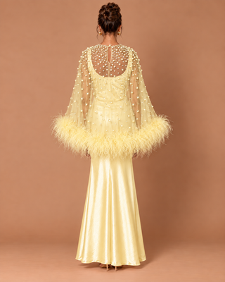 A model viewed from the back wearing a pale yellow evening gown with a sheer beaded cape and feathered cuffs, set against a solid warm brown studio background.