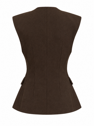 A dark brown sleeveless structured vest shown from the back, featuring a fitted waist and peplum flare, on a solid white background.