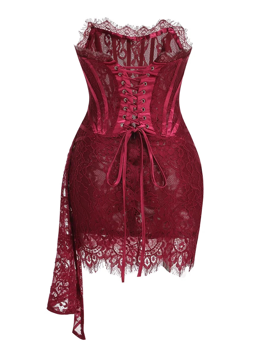Women's Corset Winered Lace Mini Dress