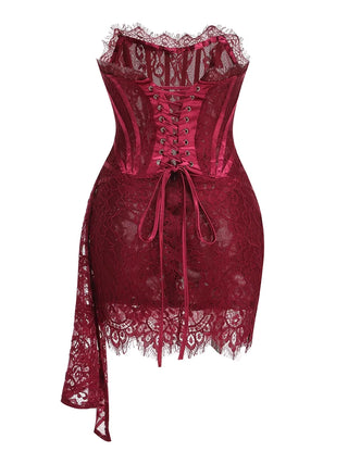 Elegant wine-red lace mini dress with dramatic draped accents and thigh-skimming length.