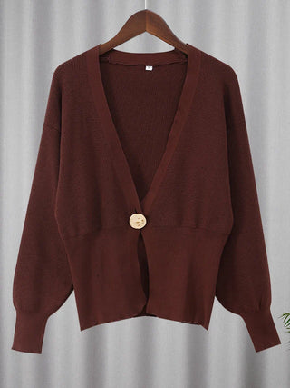 Elegant V-neck sweater with oversized gold button detail, perfect for work and casual occasions brown - Cielie Vienna