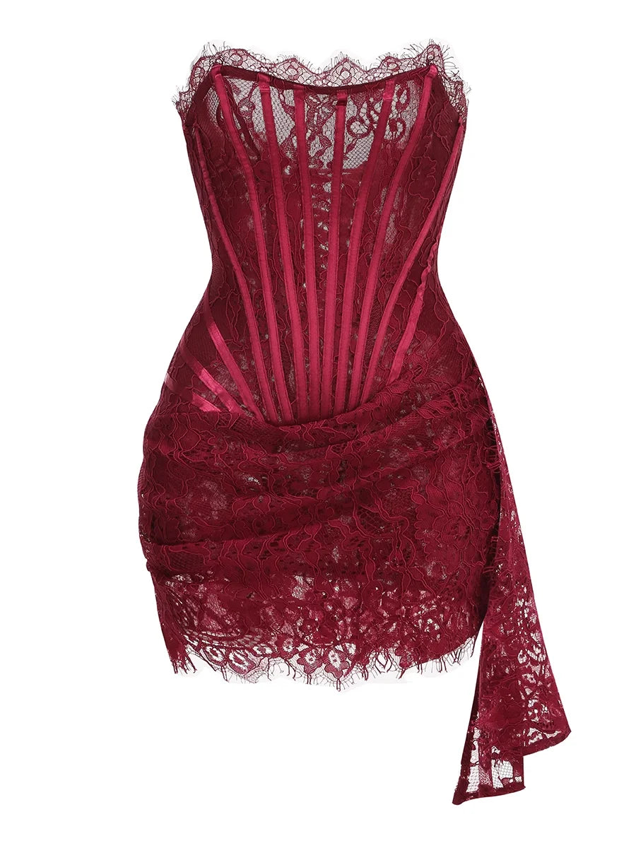 Women's Corset Winered Lace Mini Dress - CILIE L Women's Corset Winered Lace Mini Dress - CILIE L