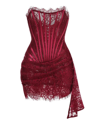 Elegant wine-red lace mini dress with dramatic draped accents and thigh-skimming length.