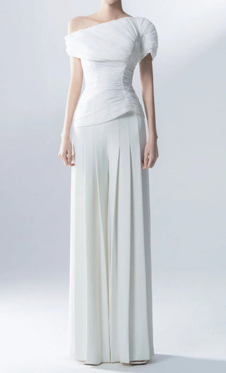 SEZAN | White Two Piece Pant Suit - CielieWhite pant suit set bridal - Asymmetric off-shoulder top with entire gathering detail and fitted waist, paired with wide-leg pleated pants. Perfect for modern brides, business attire, and summer events. Elegant and sophisticated design ideal for versatile occasions.