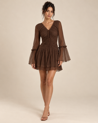 Kirana | Chocolate Brown Boho Ruched Bell Sleeve Mini Dress