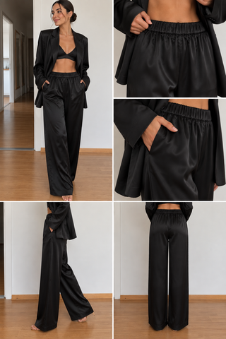 A woman modeling a black satin lounge set in a bright room with wood floors, shown in a full-body view and four close-up detail panels highlighting the jacket, pants, waistband, and side pocket.