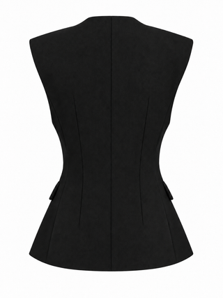 Black sleeveless structured vest shown from the back, featuring a central seam, flared peplum-like hem, and side tie details, photographed on a plain white background.
