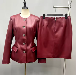 Leather Hourglass Winered Burgundy Jacket Skirt Set Bordeaux- Cielie Vienna Versace inspired 