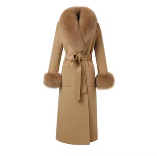 Elegant long double-sided cashmere coat in beige with a real fox fur collar and cuffs, crafted from genuine wool for a sophisticated winter style Camel Cielie Vienna