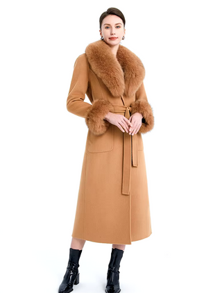 Elegant long double-sided cashmere coat in beige with a real fox fur collar and cuffs, crafted from genuine wool for a sophisticated winter style Camel Cielie Vienna