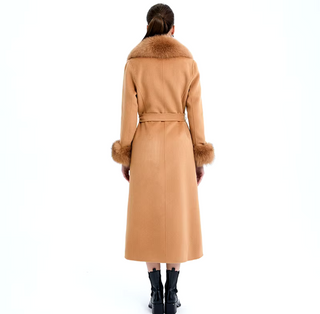 Elegant long double-sided cashmere coat in beige with a real fox fur collar and cuffs, crafted from genuine wool for a sophisticated winter style Camel Cielie Vienna