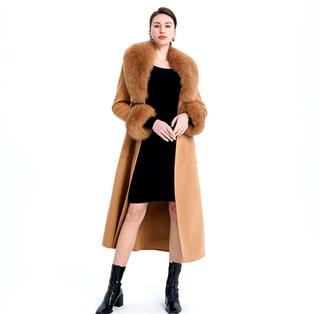 Elegant long double-sided cashmere coat in beige with a real fox fur collar and cuffs, crafted from genuine wool for a sophisticated winter style Camel Cielie Vienna