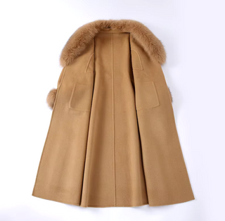 Elegant long double-sided cashmere coat in beige with a real fox fur collar and cuffs, crafted from genuine wool for a sophisticated winter style Camel Cielie Vienna