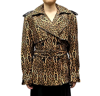 Luxury leopard pattern leather coat for women made from genuine sheepskin leather, featuring a belted waist and stylish design.