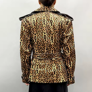 Luxury leopard pattern leather coat for women made from genuine sheepskin leather, featuring a belted waist and stylish design.