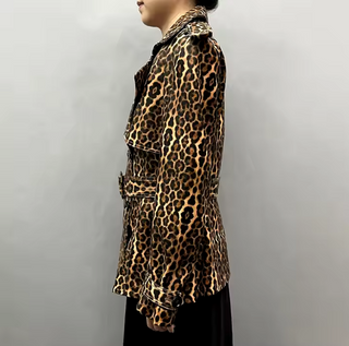 Luxury leopard pattern leather coat for women made from genuine sheepskin leather, featuring a belted waist and stylish design.