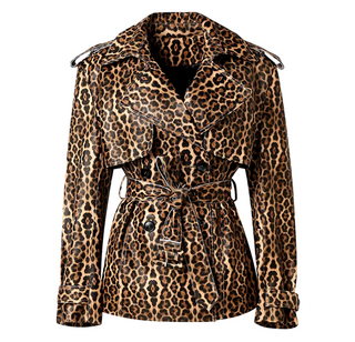 Luxury leopard pattern leather coat for women made from genuine sheepskin leather, featuring a belted waist and stylish design.