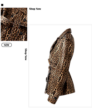 Luxury leopard pattern leather coat for women made from genuine sheepskin leather, featuring a belted waist and stylish design.