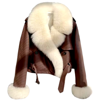 Luxurious camel suede leather jacket with a real fox fur collar and goose down liner, designed for warmth and style in winter. Cielie