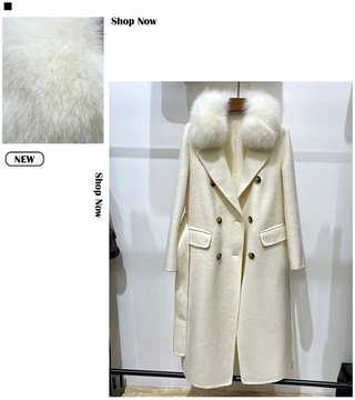 Camel wool cashmere coat with a detachable fox fur collar, showcasing a classic silhouette and elegant design. white Cielie white