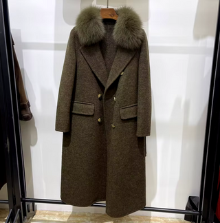 Camel wool cashmere coat with a detachable fox fur collar, showcasing a classic silhouette and elegant design. white Cielie army green