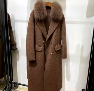 Camel wool cashmere coat with a detachable fox fur collar, showcasing a classic silhouette and elegant design. white Cielie brown