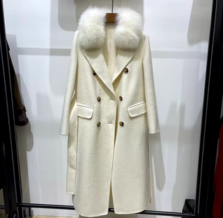 Camel wool cashmere coat with a detachable fox fur collar, showcasing a classic silhouette and elegant design. white Cielie white