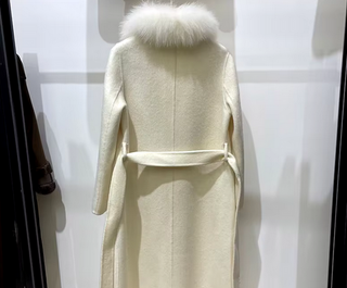 Camel wool cashmere coat with a detachable fox fur collar, showcasing a classic silhouette and elegant design. white Cielie white